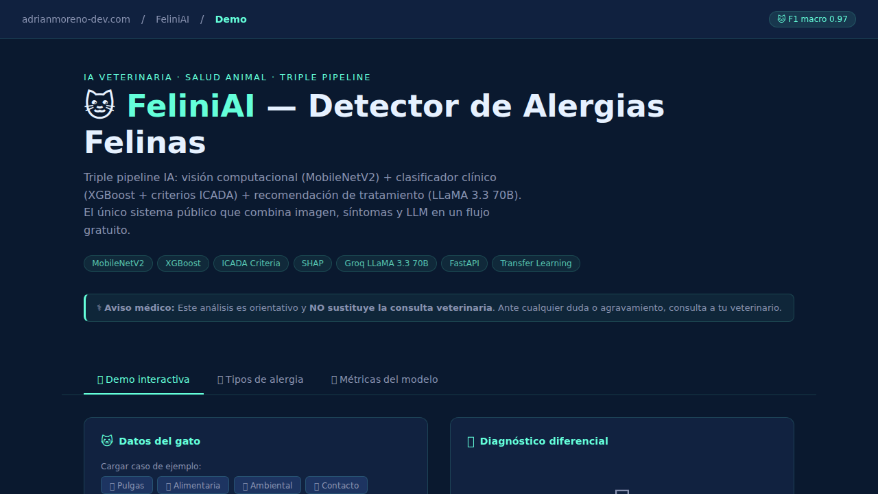 FeliniAI: un triple pipeline (visión + clínico + LLM) para detectar alergias felinas con F1 0.97